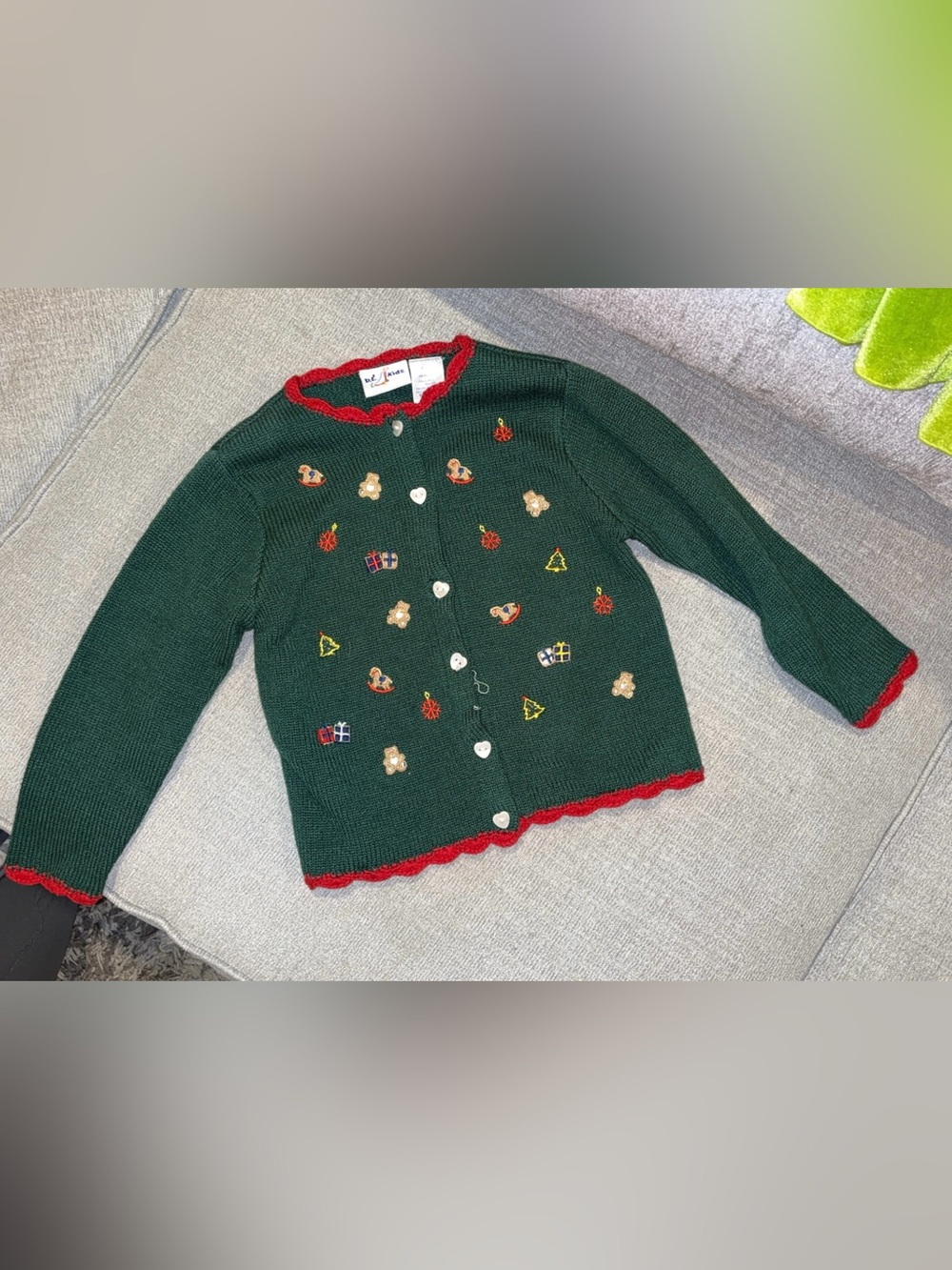 Girls Green Embroidered Holiday Cardigan with Red Trim